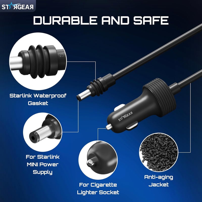 STARGEAR كابل ستارلينك ميني 12 فولت 5 متر/16.4 قدم، ملحقات ستارلينك ميني كابل ولاعة السجائر 16AWG إلى كابل DC، محول شاحن السيارة ستارلينك 12 فولت-48 فولت (5 متر) - Image 5